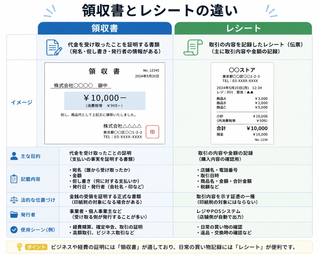 領収書とレシートの違いを示す比較図