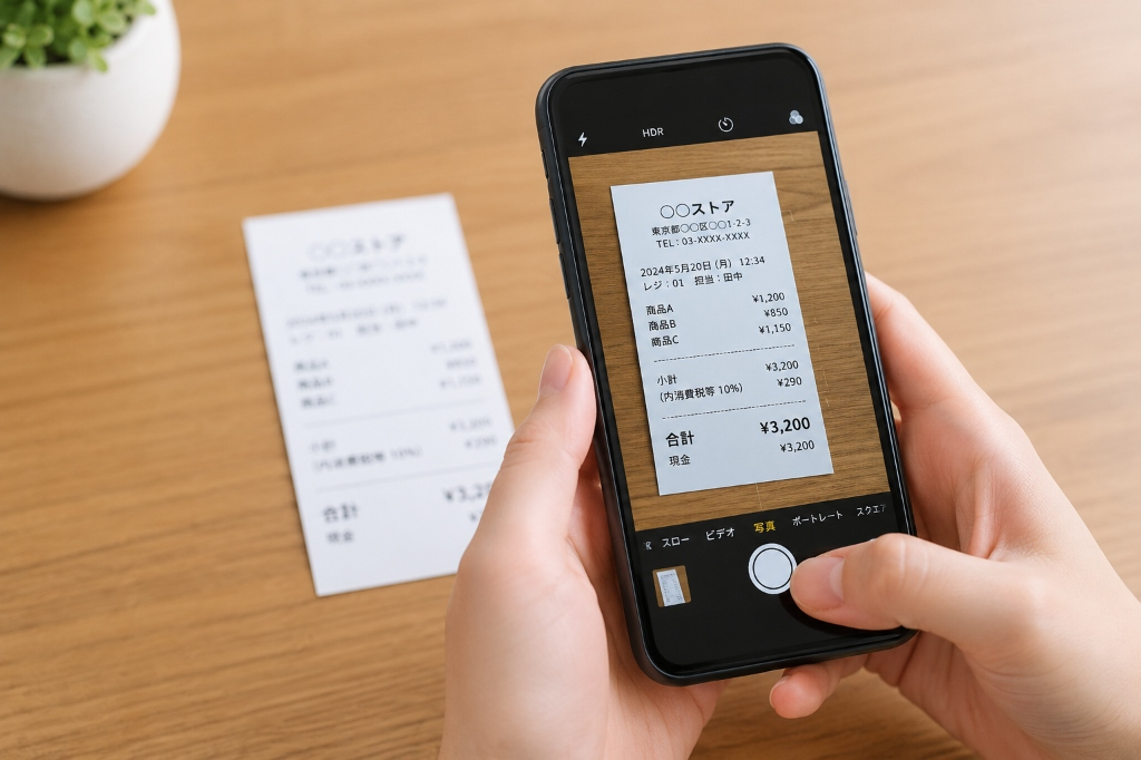 スマートフォンでレシートを撮影する様子